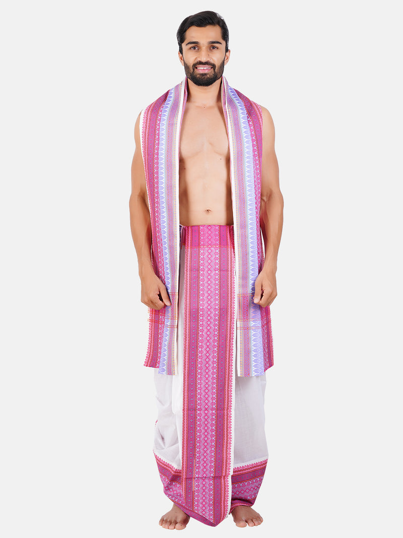Mens 100% Cotton White Panchakacham with Angavasthram Pink Fancy Border Pushpamitra (9+5)
