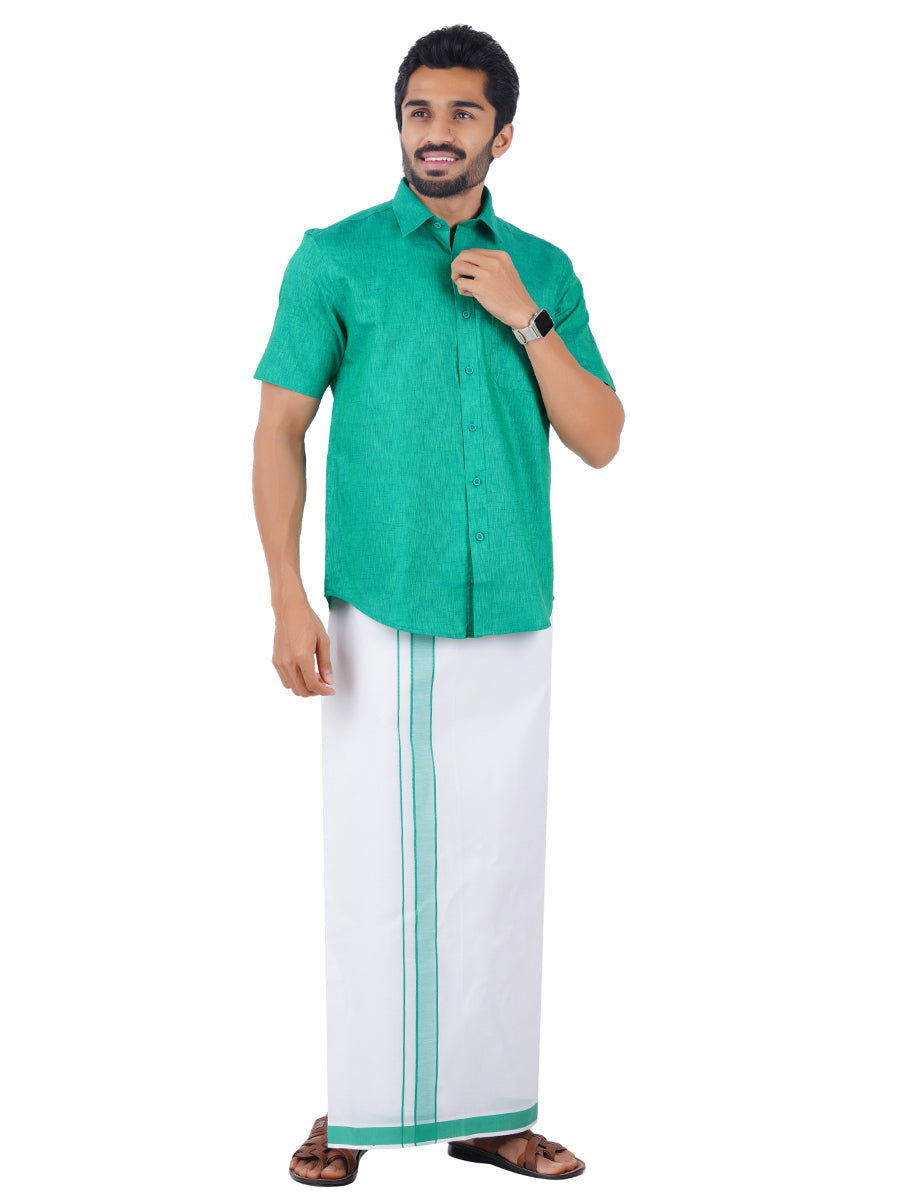 Matching Shirt and Dhoti Set with Saree Family Combo Green-Front view