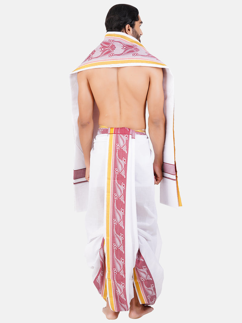 Mens White Panchakacham with Angavasthram Maroon Fancy Border Dhanajaya (9+5)