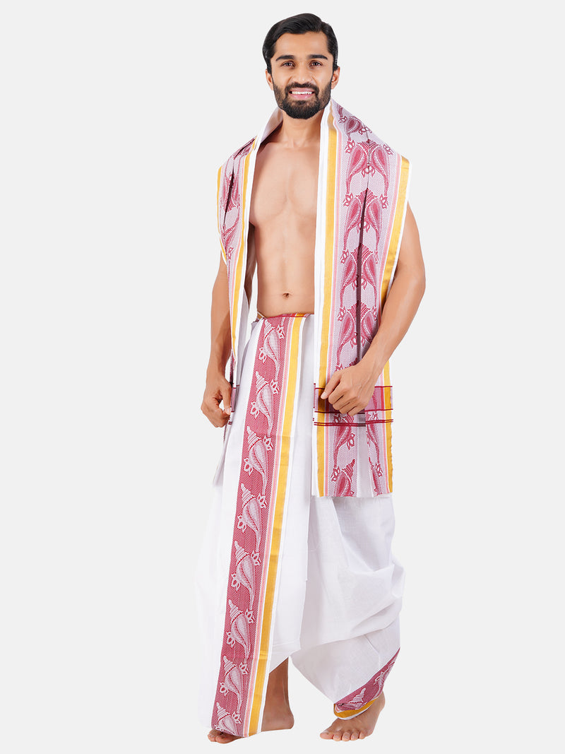 Mens White Panchakacham with Angavasthram Maroon Fancy Border Dhanajaya (9+5)