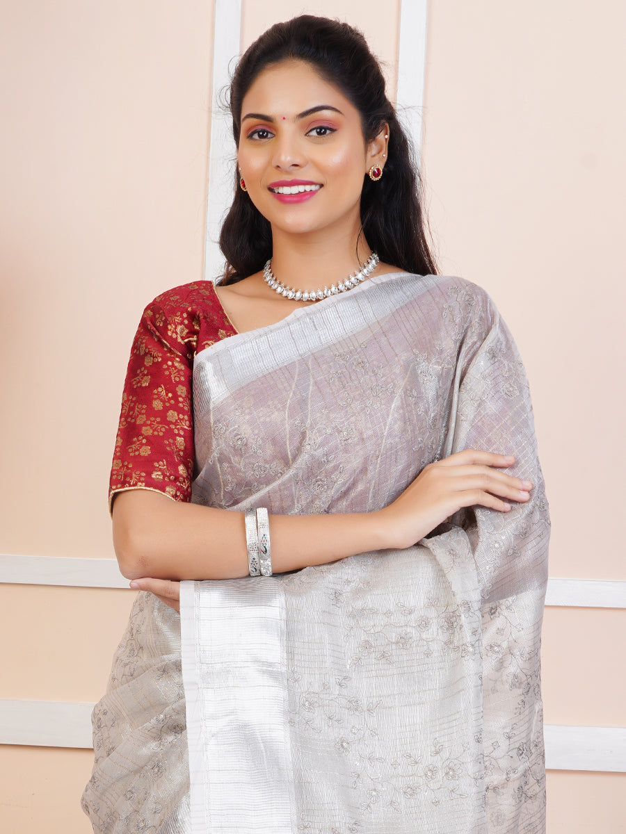 Women Semi Linen Weaving Saree Silver SL115