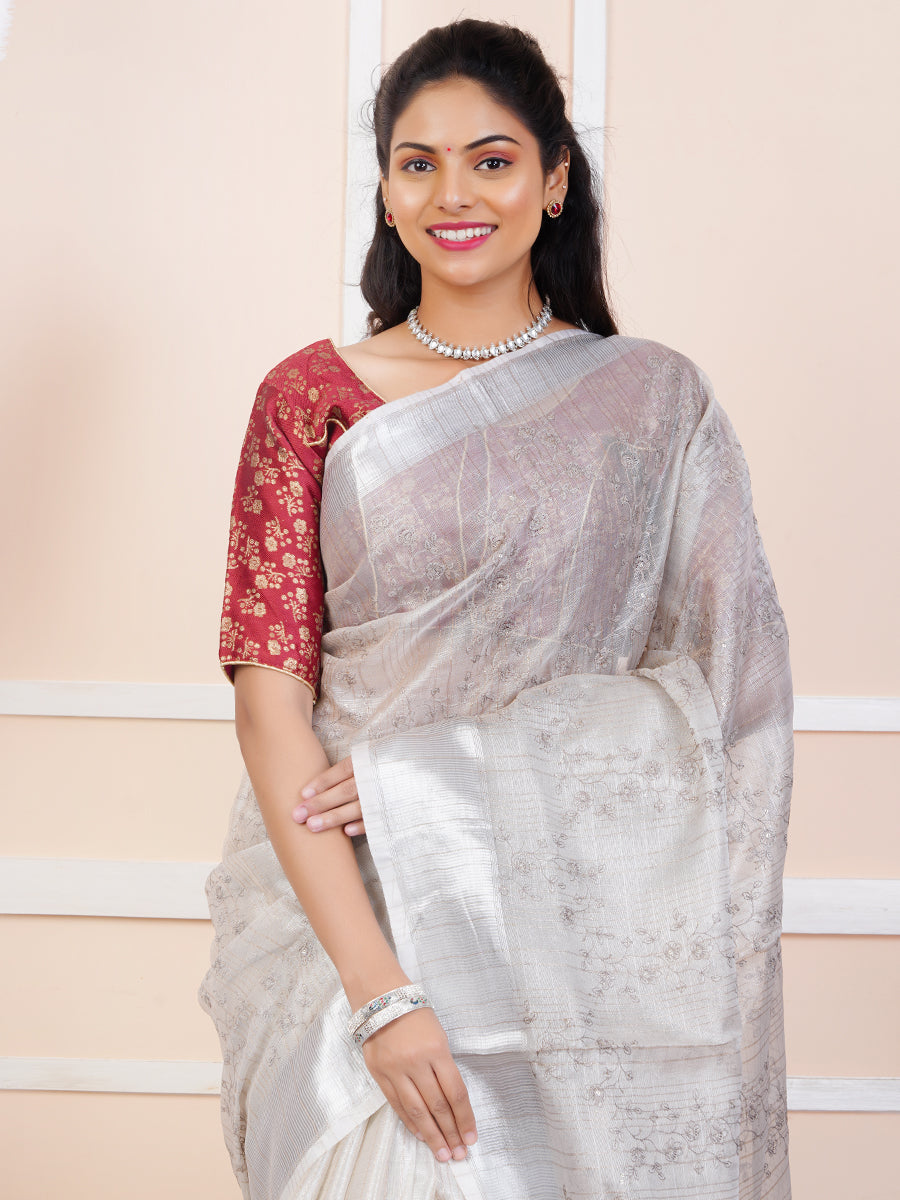 Women Semi Linen Weaving Saree Silver SL115