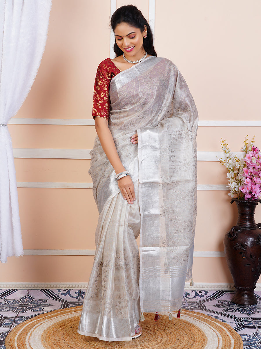 Women Semi Linen Weaving Saree Silver SL115