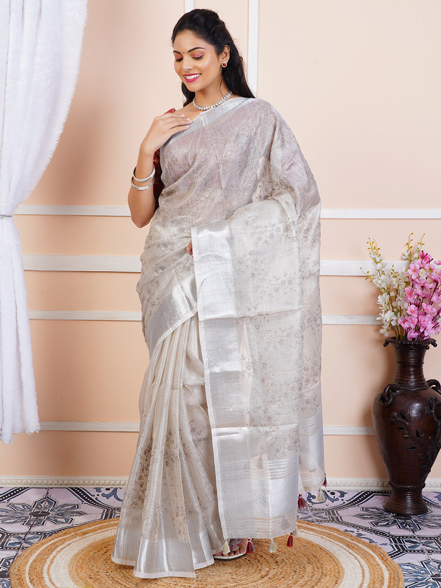 Women Semi Linen Weaving Saree Silver SL115