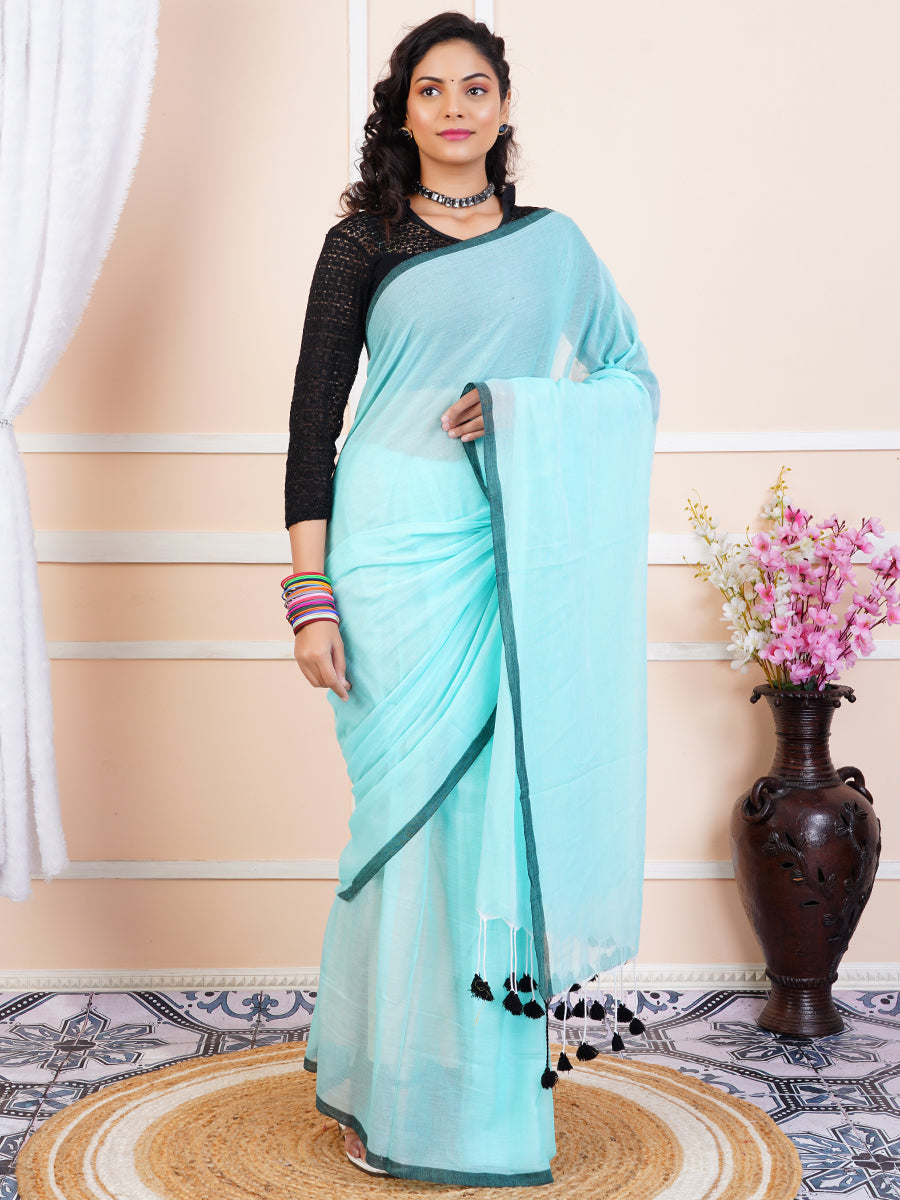 Womens Semi Cotton Saree Blue SCS79