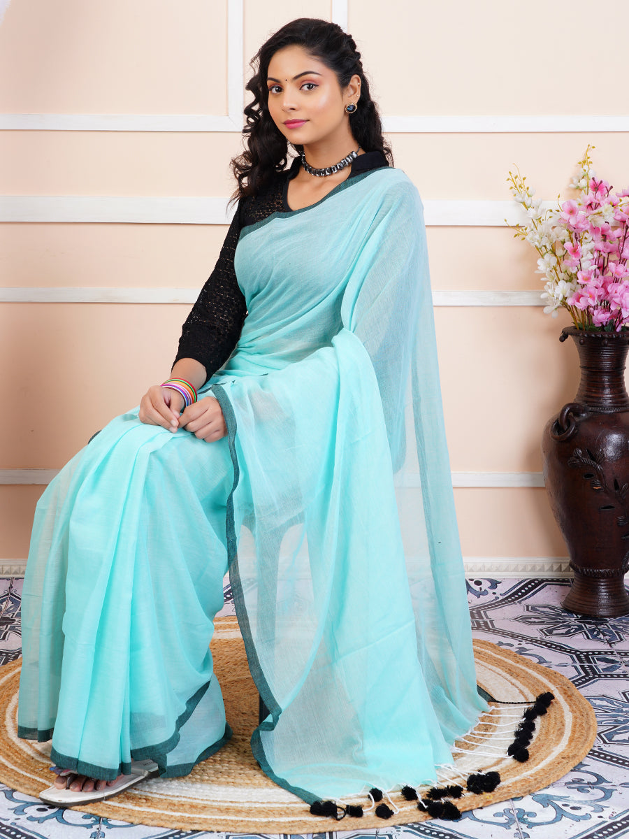 Womens Semi Cotton Saree Blue SCS79