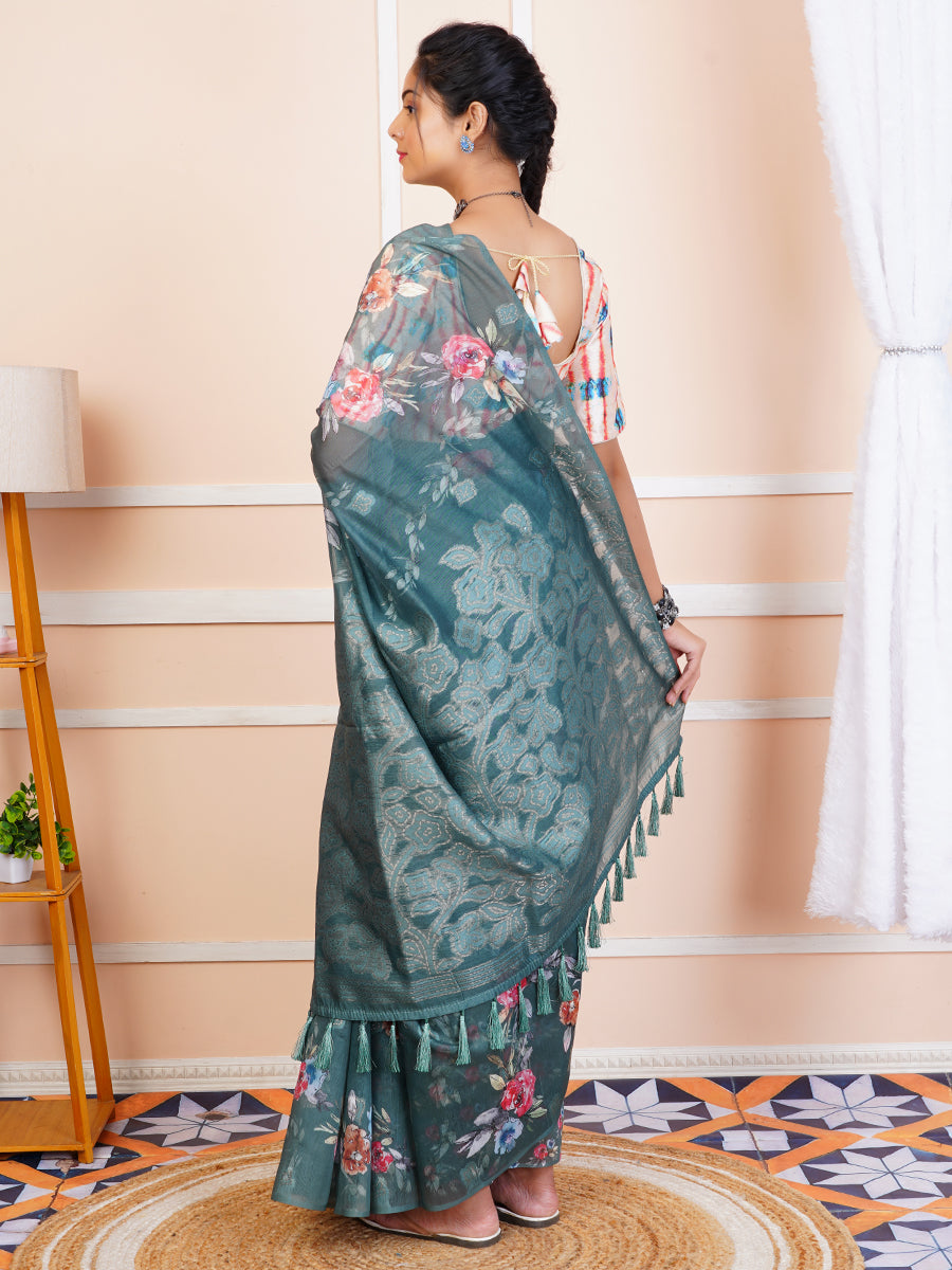 Womens Chanderi Cotton Printed Saree Green SC07