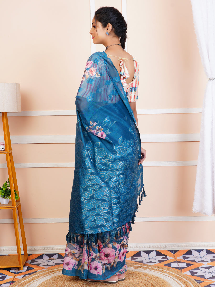 Women Chanderi Cotton Printed Saree Blue SC03