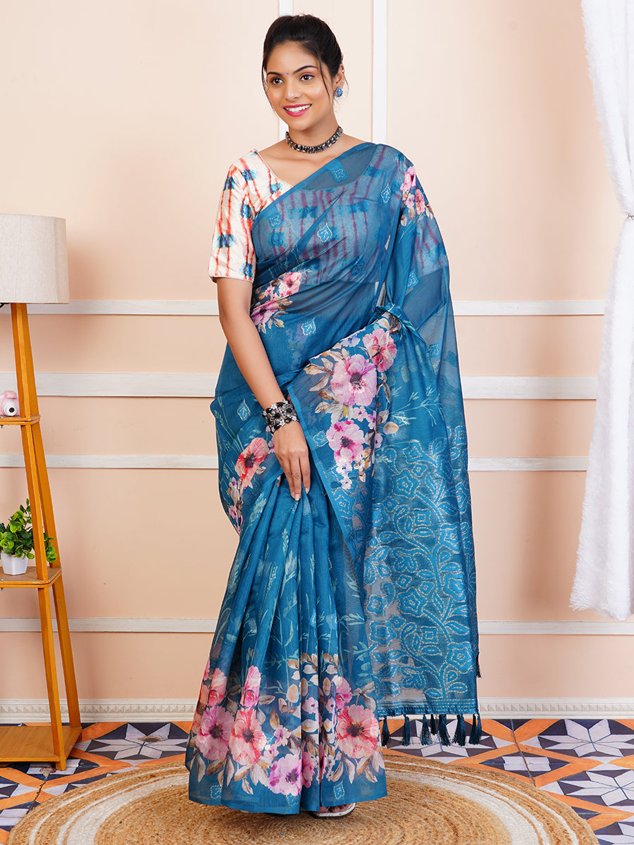 Womens Chanderi Cotton Printed Saree Blue SC03