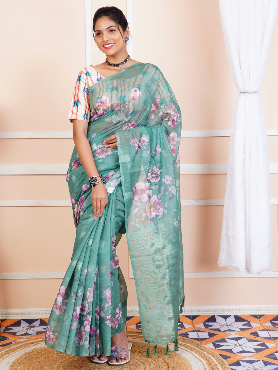 Womens Chanderi Cotton Printed Saree Green SC05