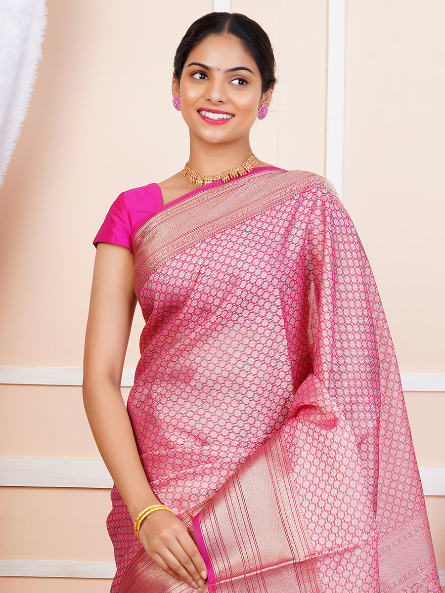 Womens Semi Cotton Weaving Pink Saree SCS82