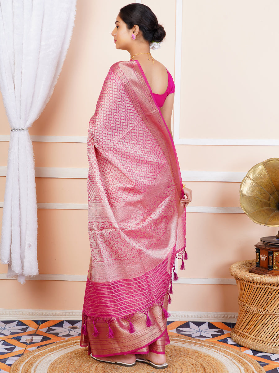 Womens Semi Cotton Weaving Pink Saree SCS82