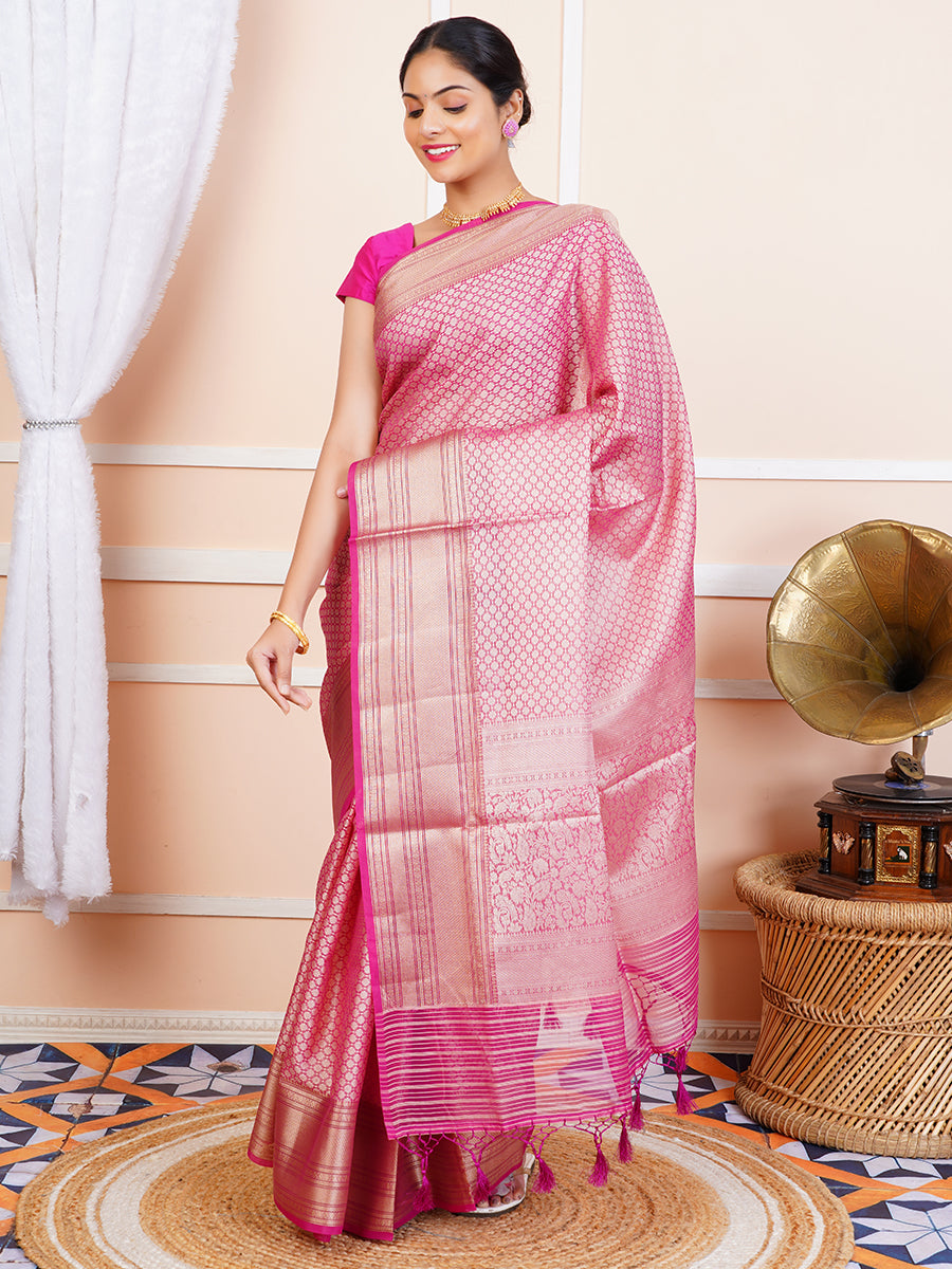 Womens Semi Cotton Weaving Pink Saree SCS82