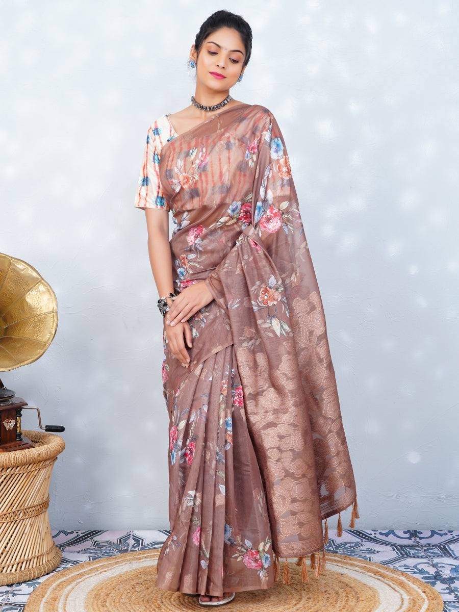 Womens Chanderi Cotton Printed Saree Brown SC08