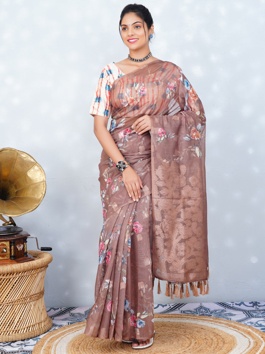 Women Chanderi Cotton Printed Saree Brown SC08