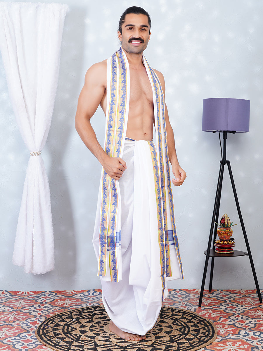 Mens Fancy Blue Border Panchakacham With Angavasthram Saptarishi(10+6) SR01