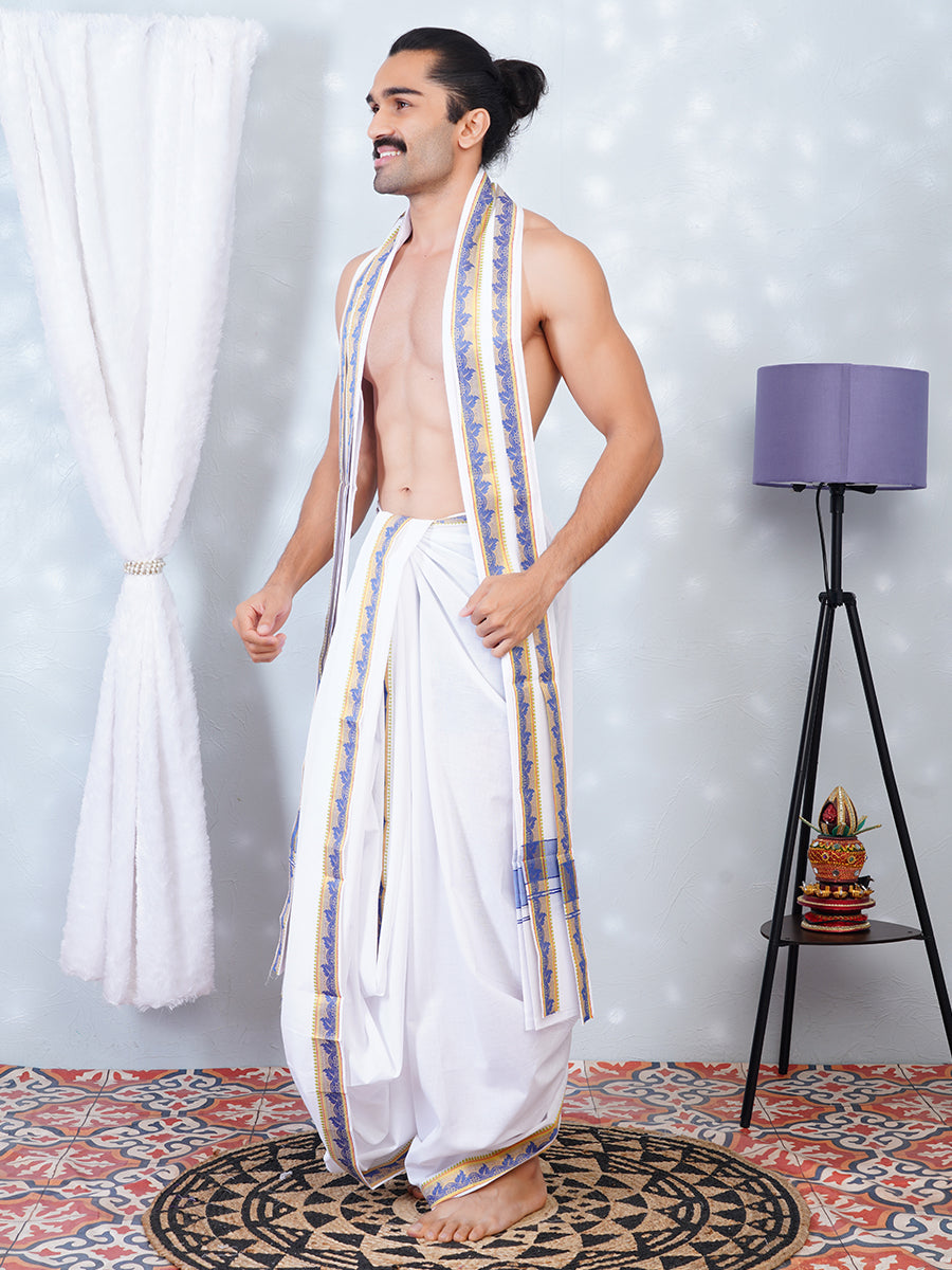 Mens Fancy Blue Border Panchakacham With Angavasthram Saptarishi(10+6) SR01