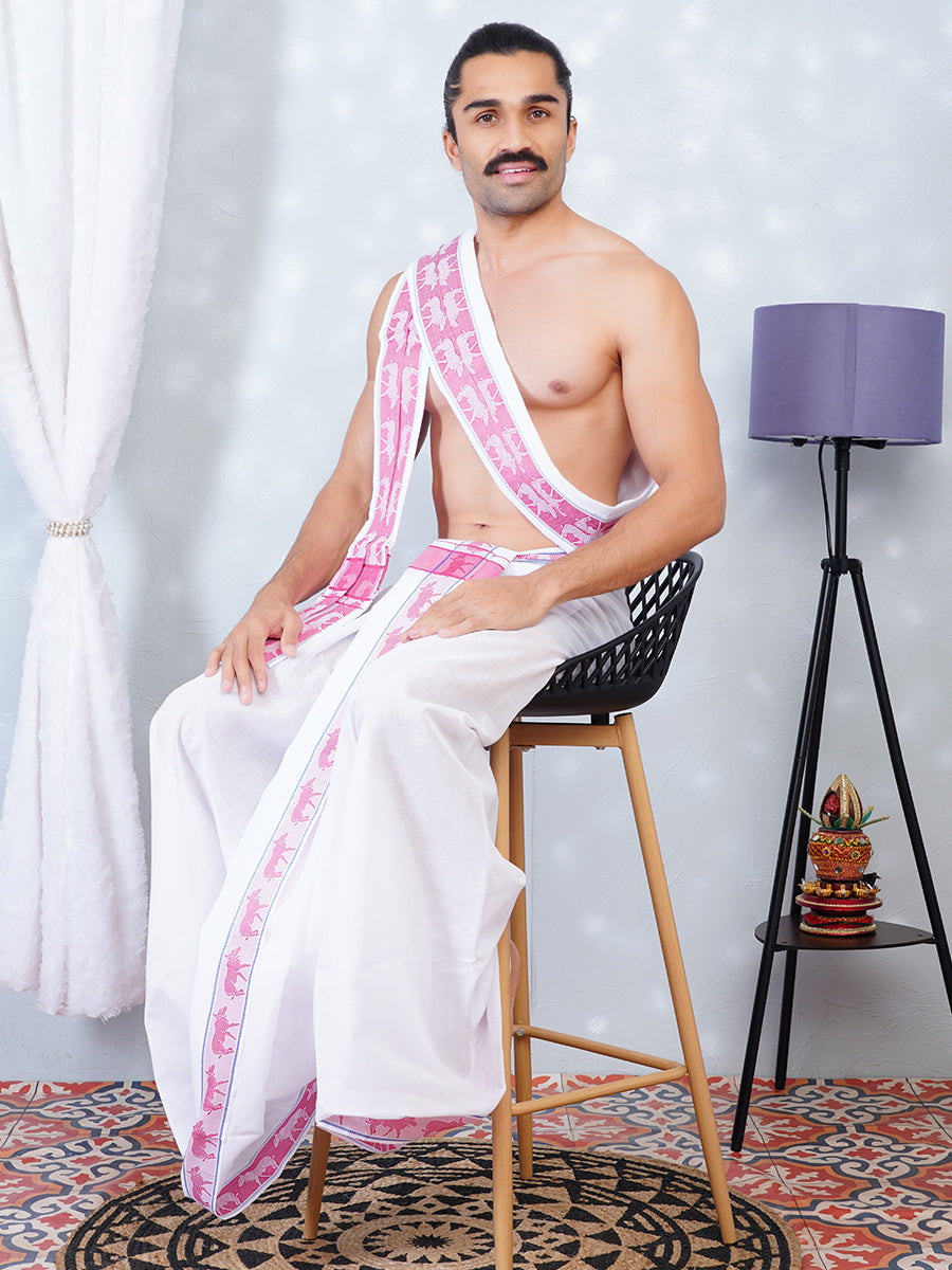 Men Fancy Pink Border Panchakacham With Angavasthram Srirasthu(9+5) SR34