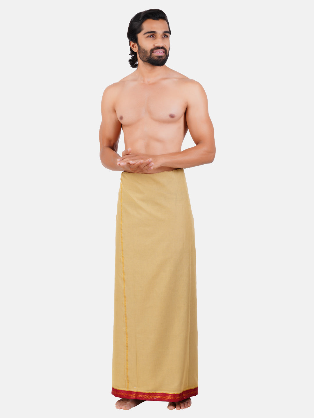 Mens Light Kakki Dhoti With Big Border Sudharsan-Full view