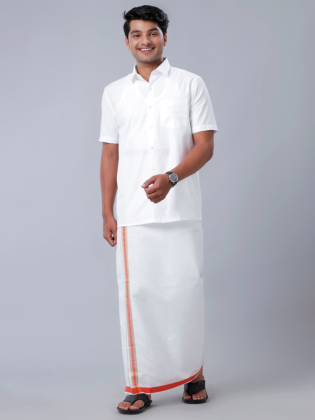Mens Readymade Adjustable White Dhoti with Orange Fancy Border Champ Jari - M-Full view