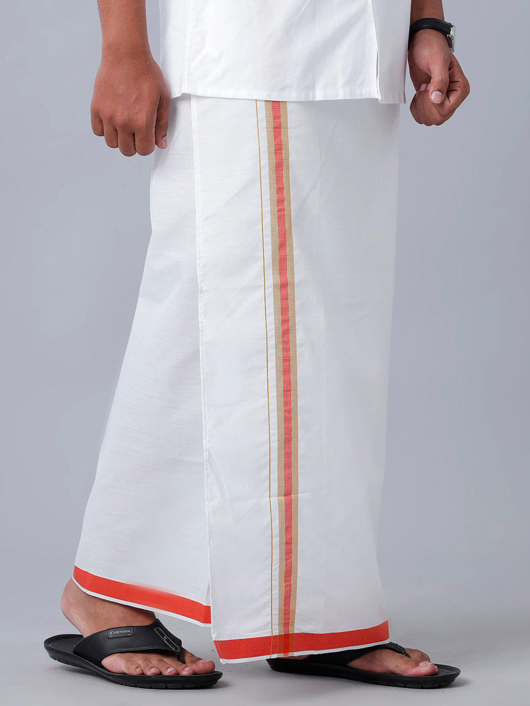 Mens Readymade Adjustable White Dhoti with Orange Fancy Border Champ Jari - M-Side view