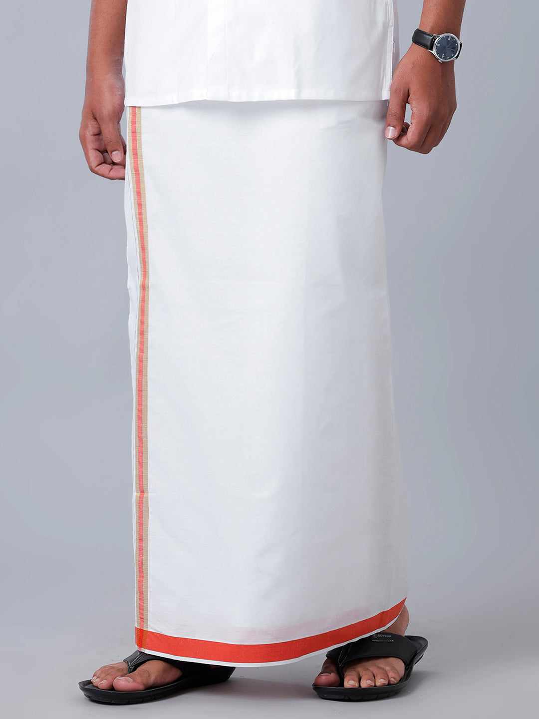 Mens Readymade Adjustable White Dhoti with Orange Fancy Border Champ Jari - M