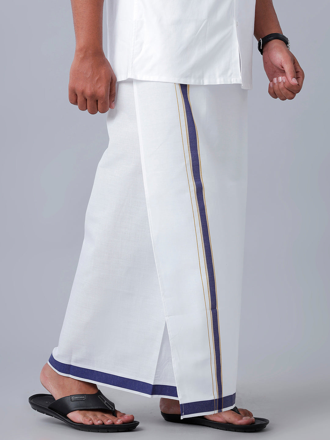 Mens Readymade Adjustable White Dhoti with Navy Fancy Border Champ Jari - M-Side view