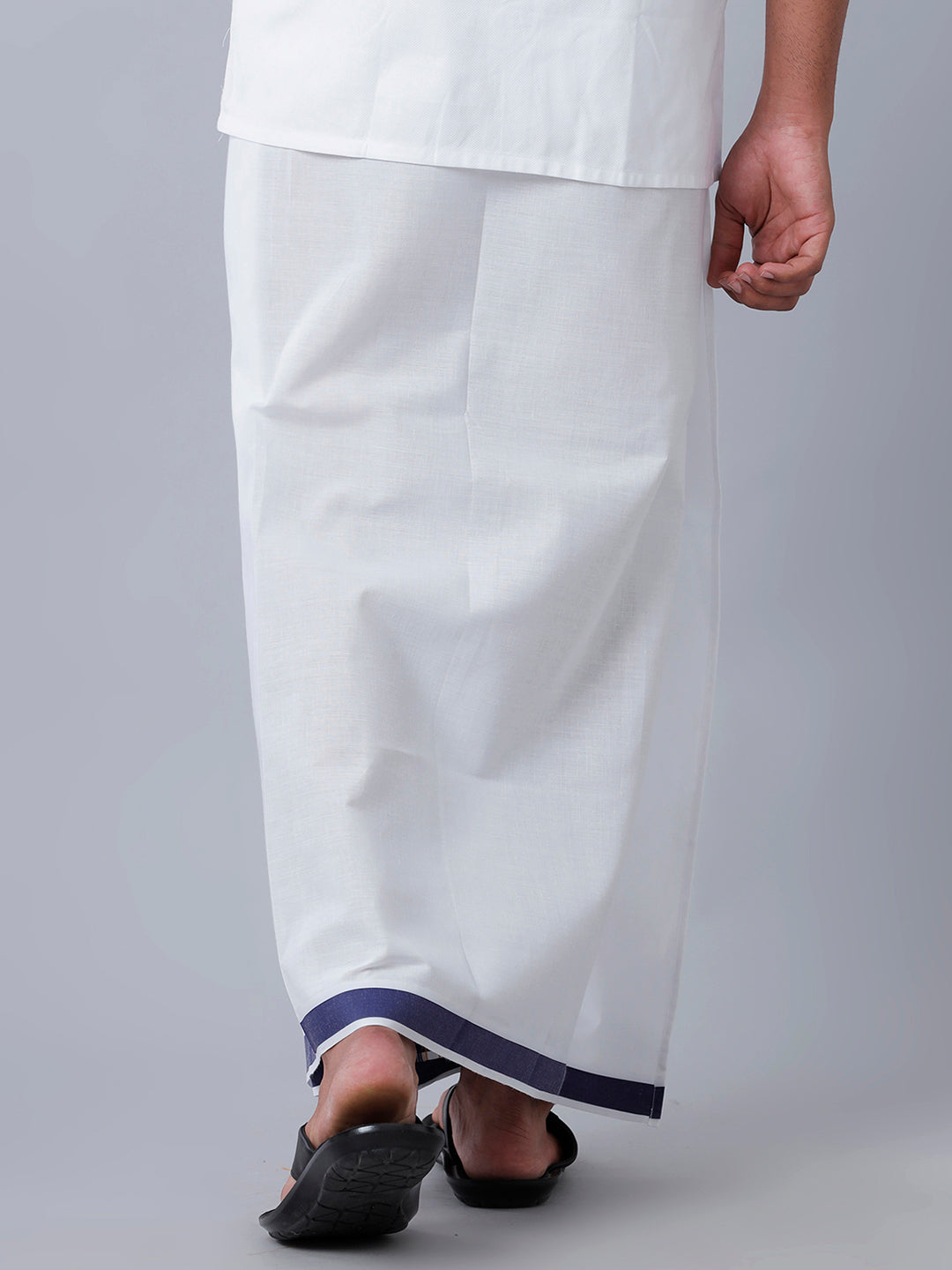 Mens Readymade Adjustable White Dhoti with Navy Fancy Border Champ Jari - M-Back view