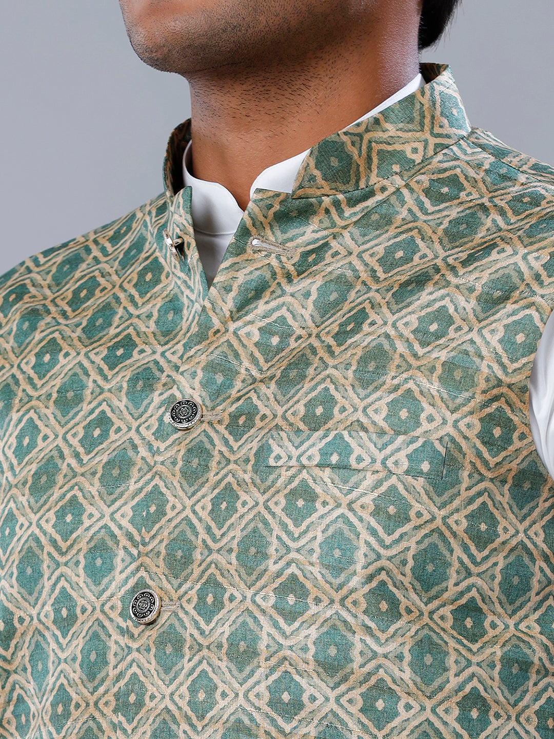 Mens Printed Ethnic Jacket Green & Sandal JC3-Zoom view