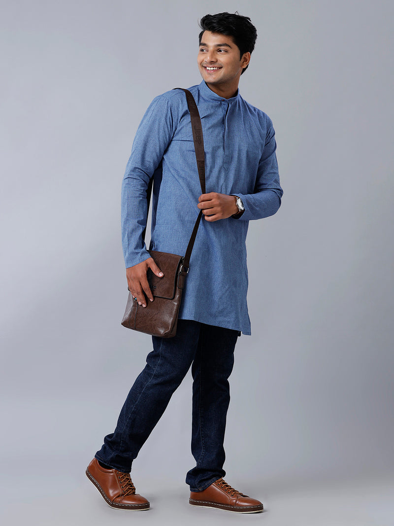 Mens Cotton Blue Plain Medium Length Kurta J18
