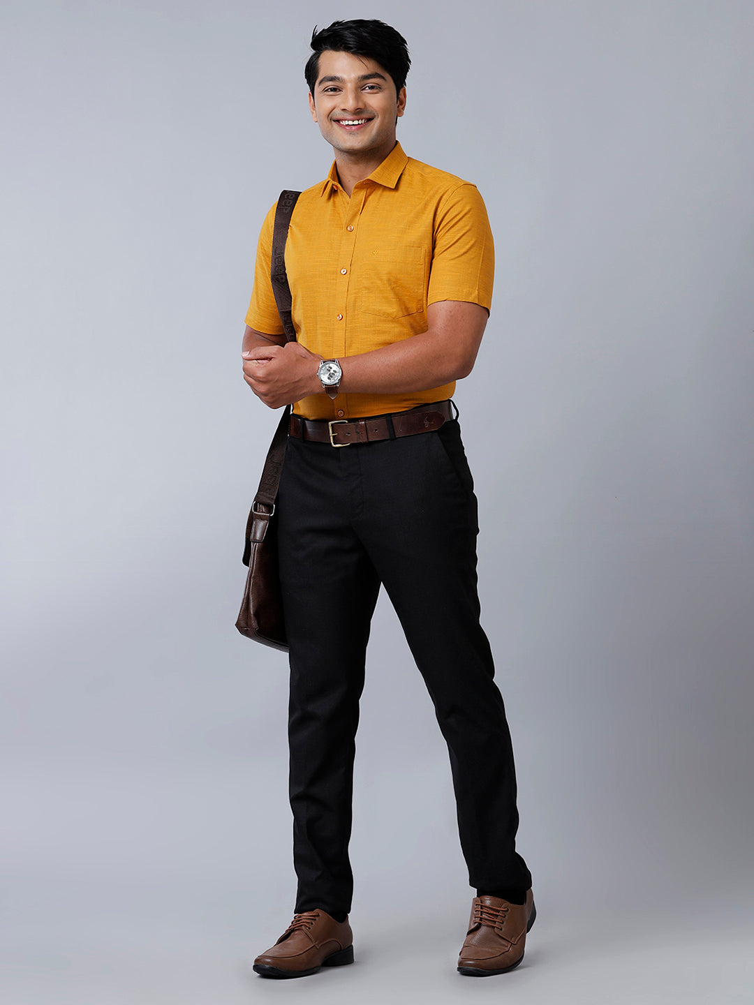 Mens Formal Shirt Half Sleeves Yellowish Brown CL2 GT32-Full view