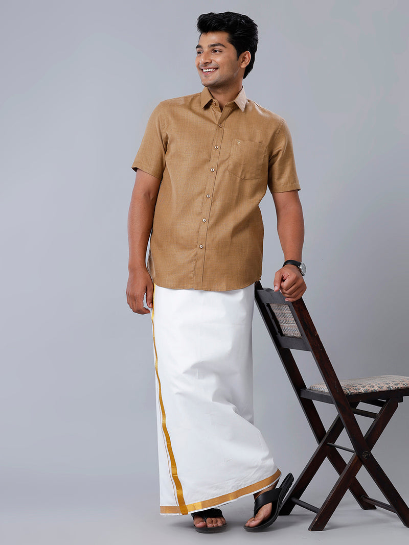 Mens Formal Shirt Half Sleeves Dark Brown T41 TQ6