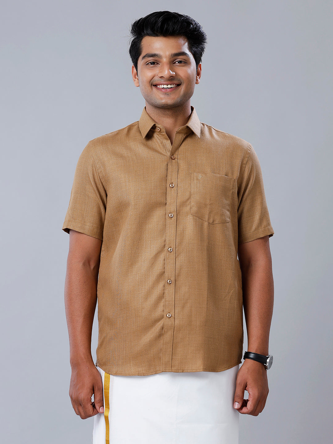 Mens Formal Shirt Half Sleeves Dark Brown T41 TQ6