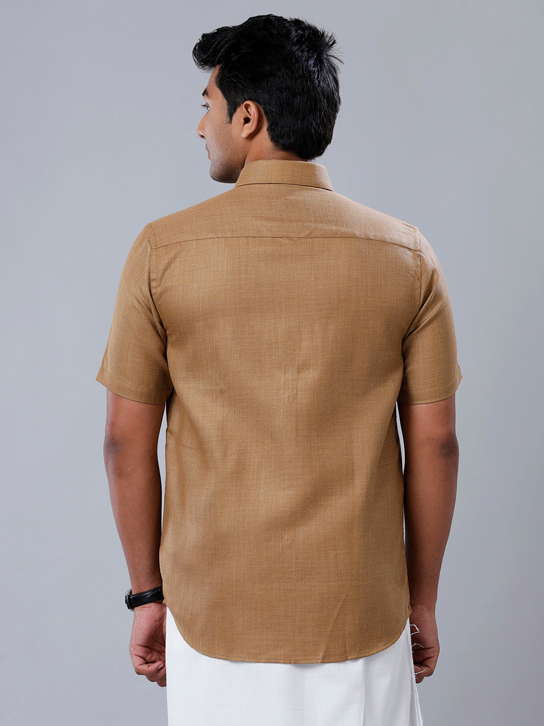 Mens Formal Shirt Half Sleeves Dark Brown T41 TQ6-Back view