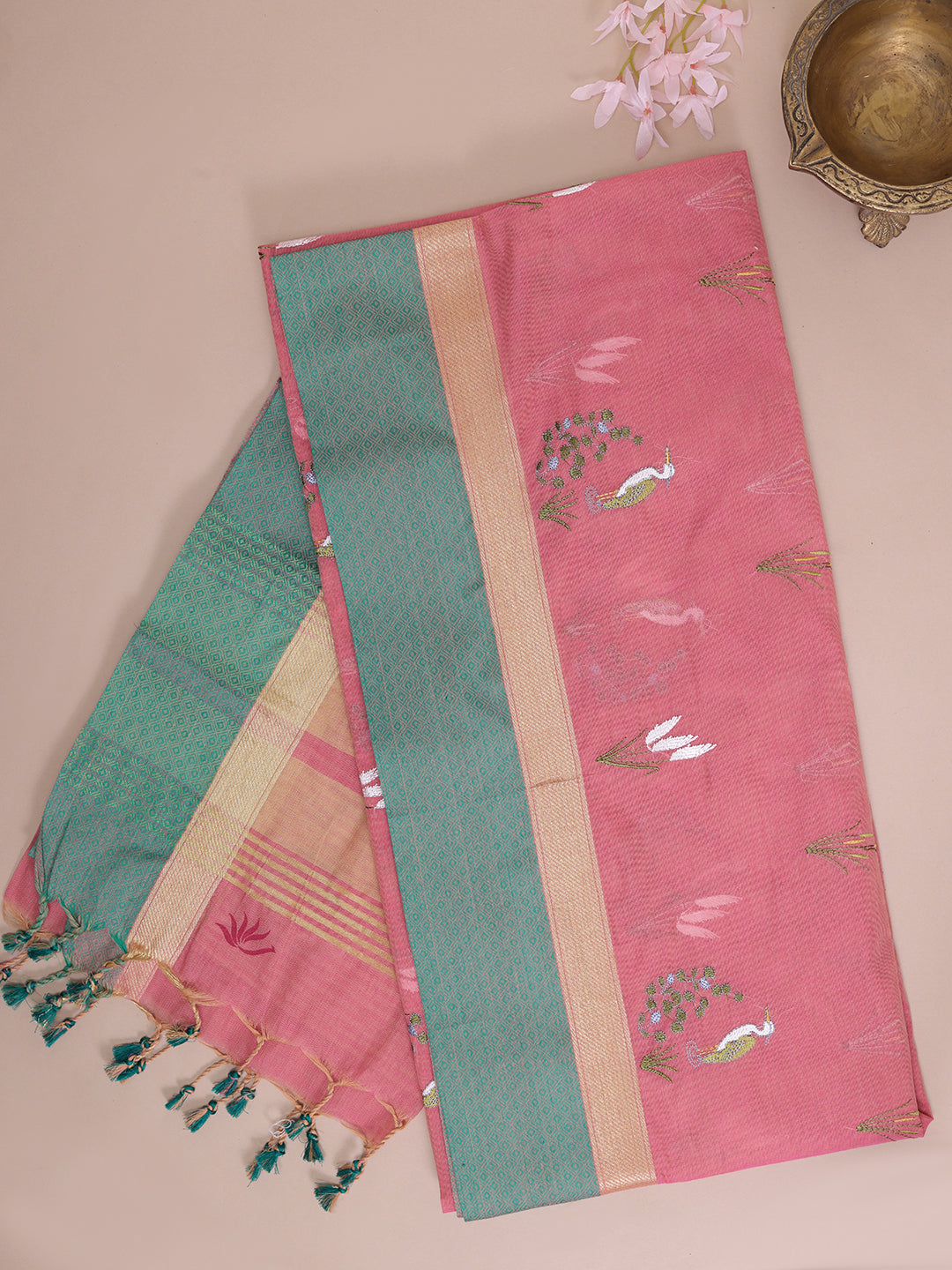 Womens Semi Cotton Pink Saree_SCS59