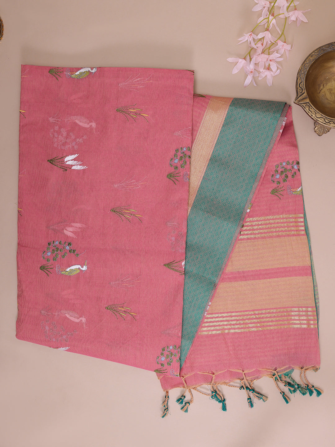Womens Semi Cotton Pink Saree_SCS59