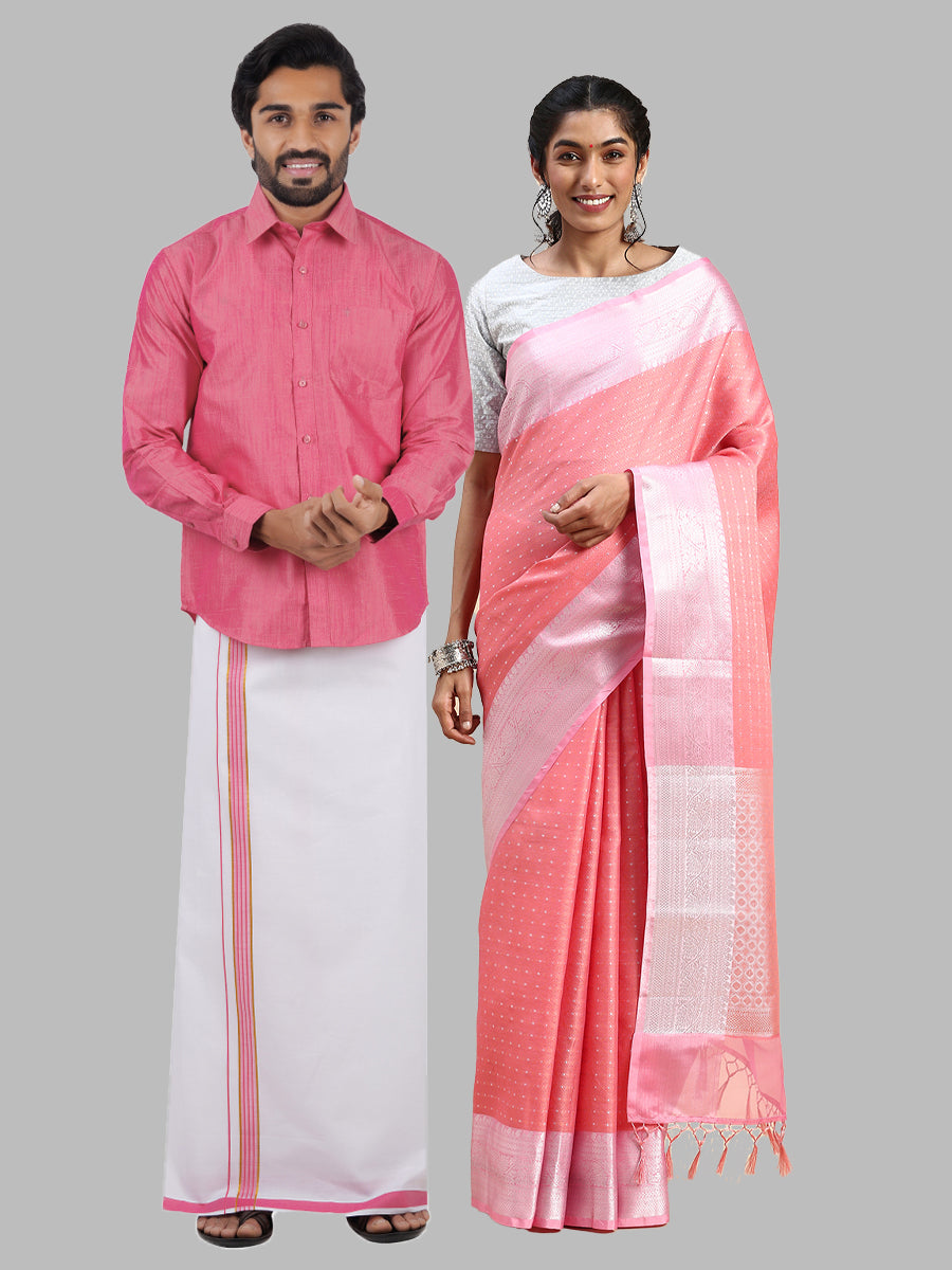 Matching Dhoti Shirt & Semi Kora Cotton Saree Couple Combo Pink-Front view