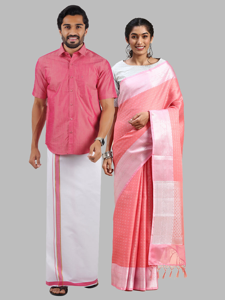 Matching Dhoti Shirt & Semi Kora Cotton Saree Couple Combo Pink