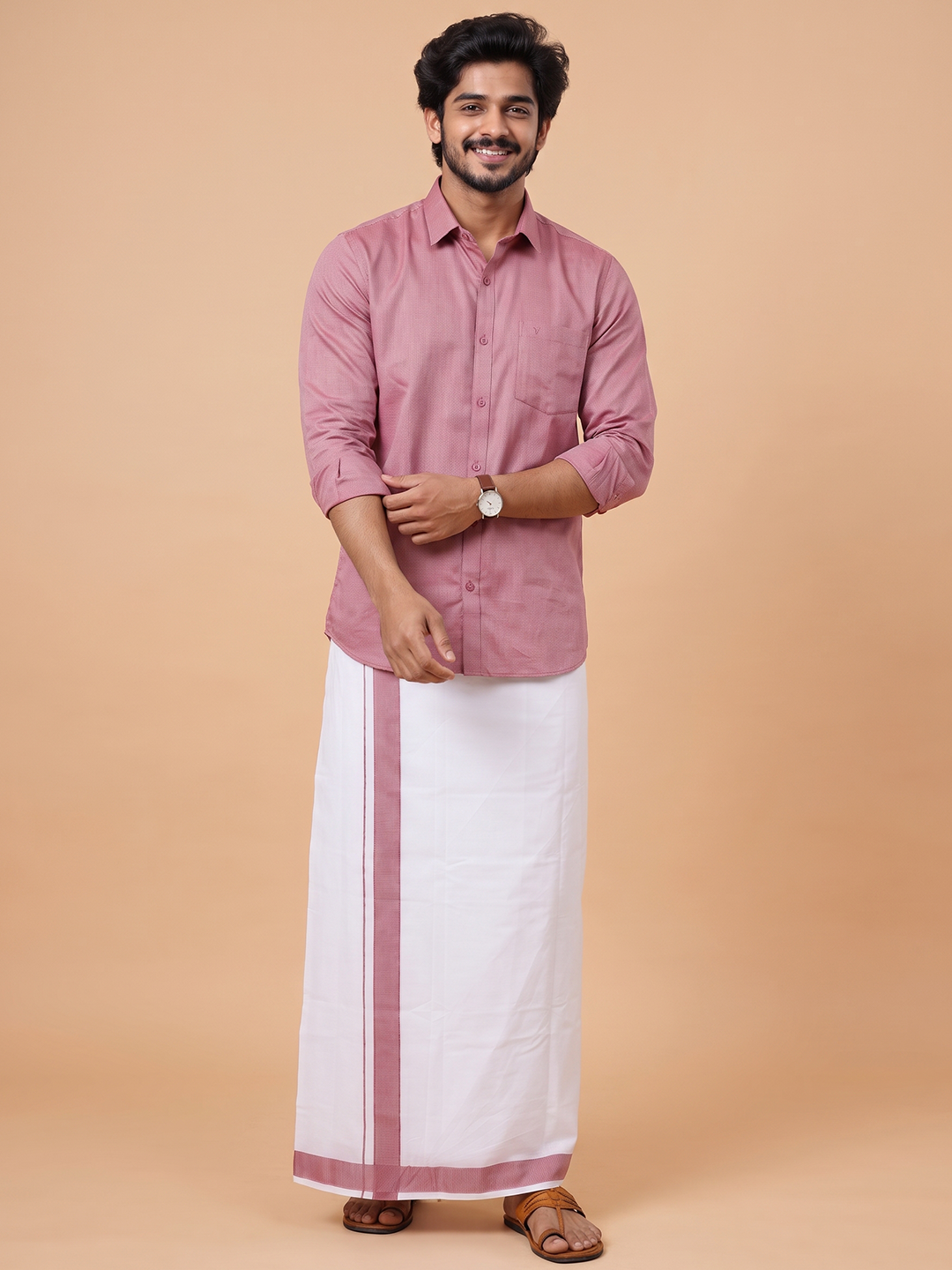 Vivanta – Cotton Dobby Texture Shirt & Matching Border Dhoti Set | Pink | DC8