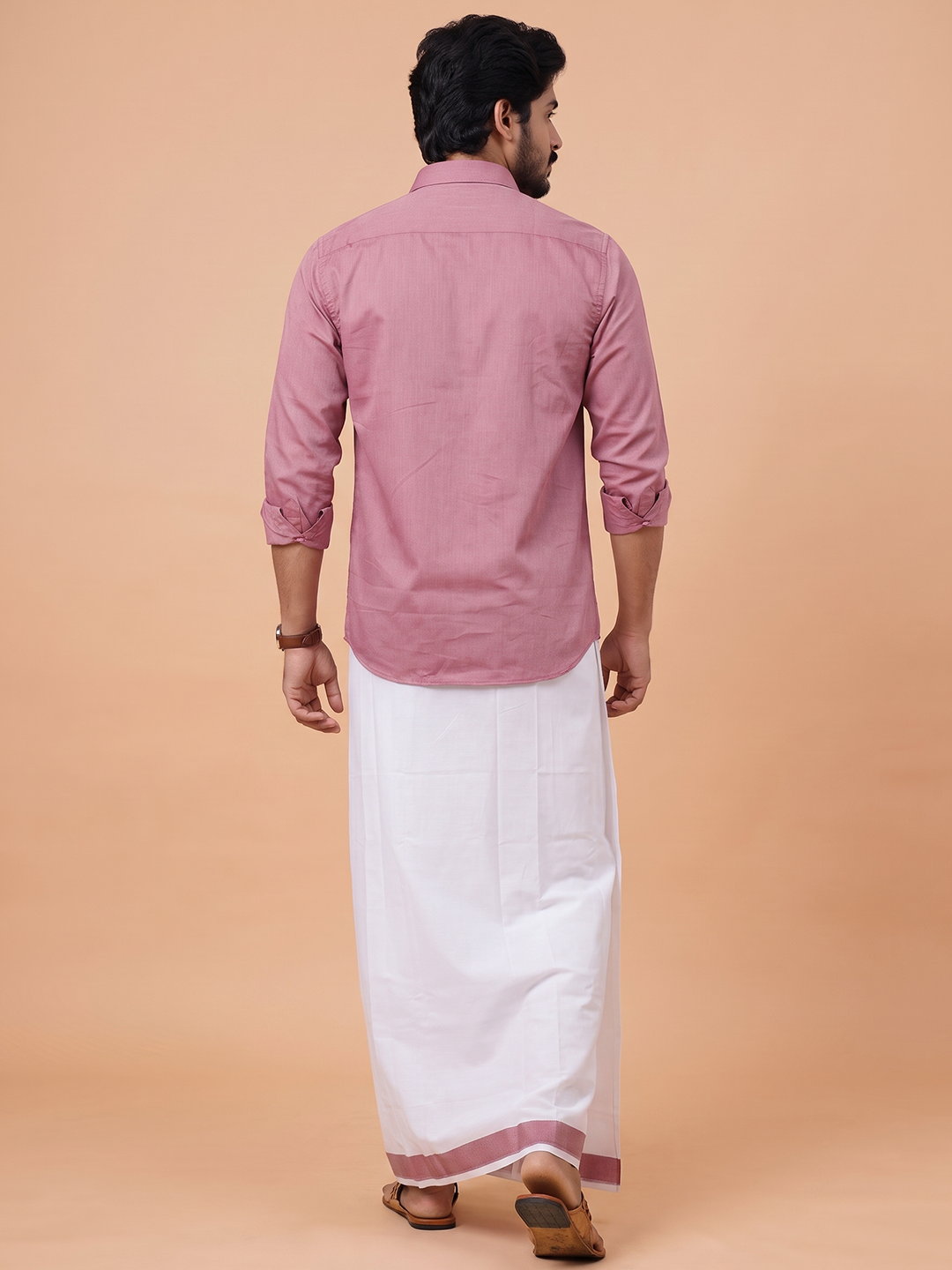 Vivanta – Cotton Dobby Texture Shirt & Matching Border Dhoti Set | Pink | DC8
