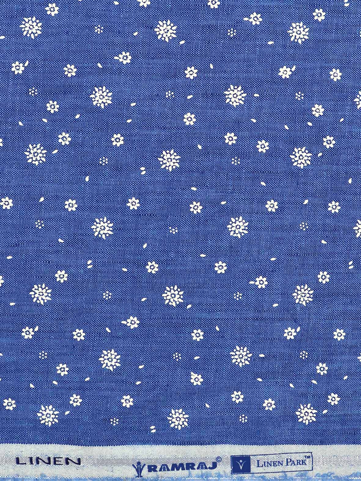 Mens Pure Linen Print Shirt Fabric Blue