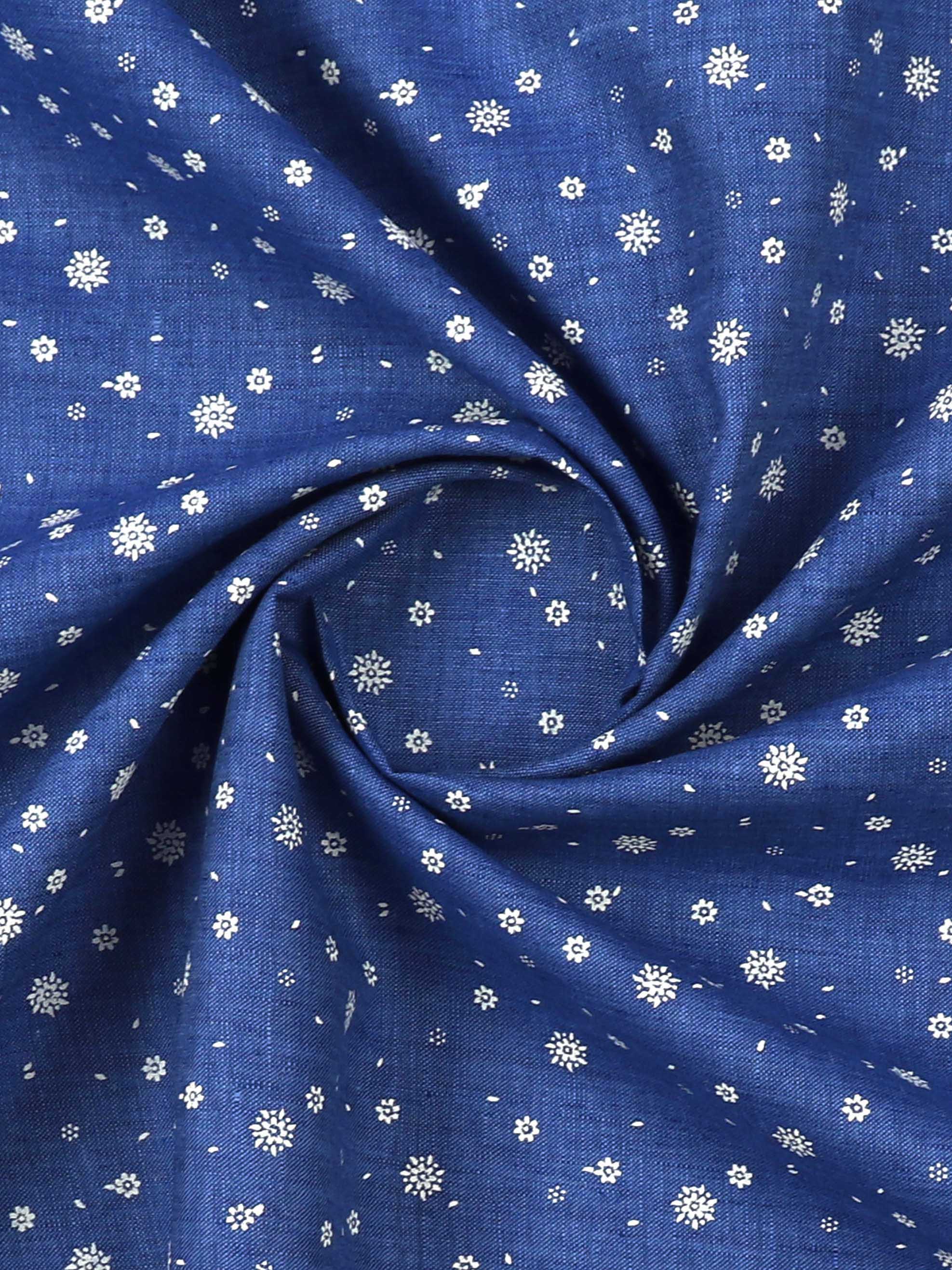 Mens Pure Linen Print Shirt Fabric Blue