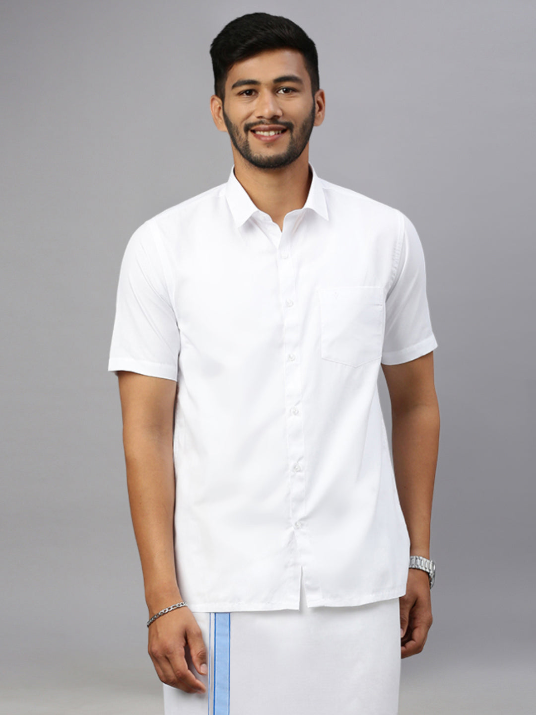 Mens White Shirt with Blue Border Single Layer Dhoti Combo WP05