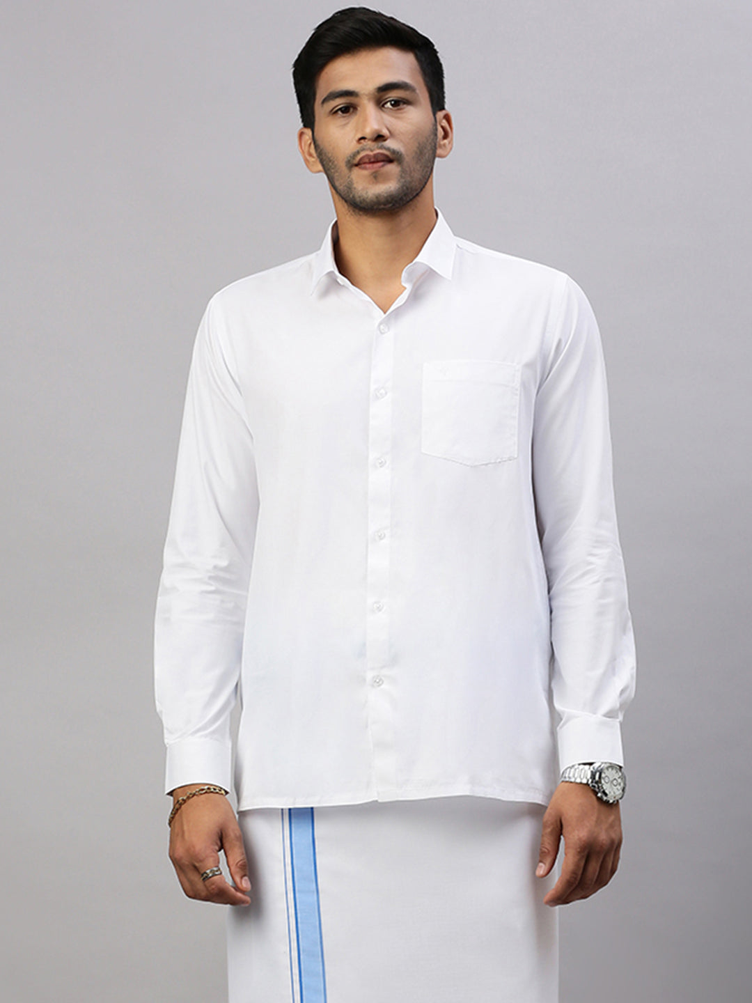 Mens White Shirt with Blue Border Single Layer Dhoti Combo WP05