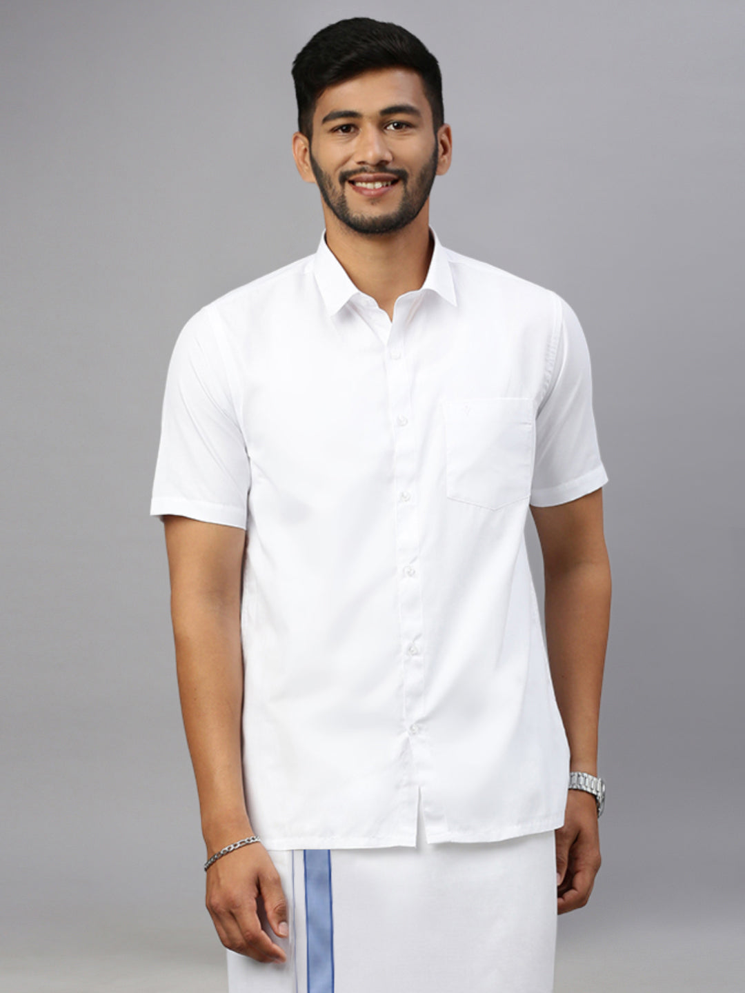 Mens White Shirt with Blue Border Single Layer Dhoti Combo WP13