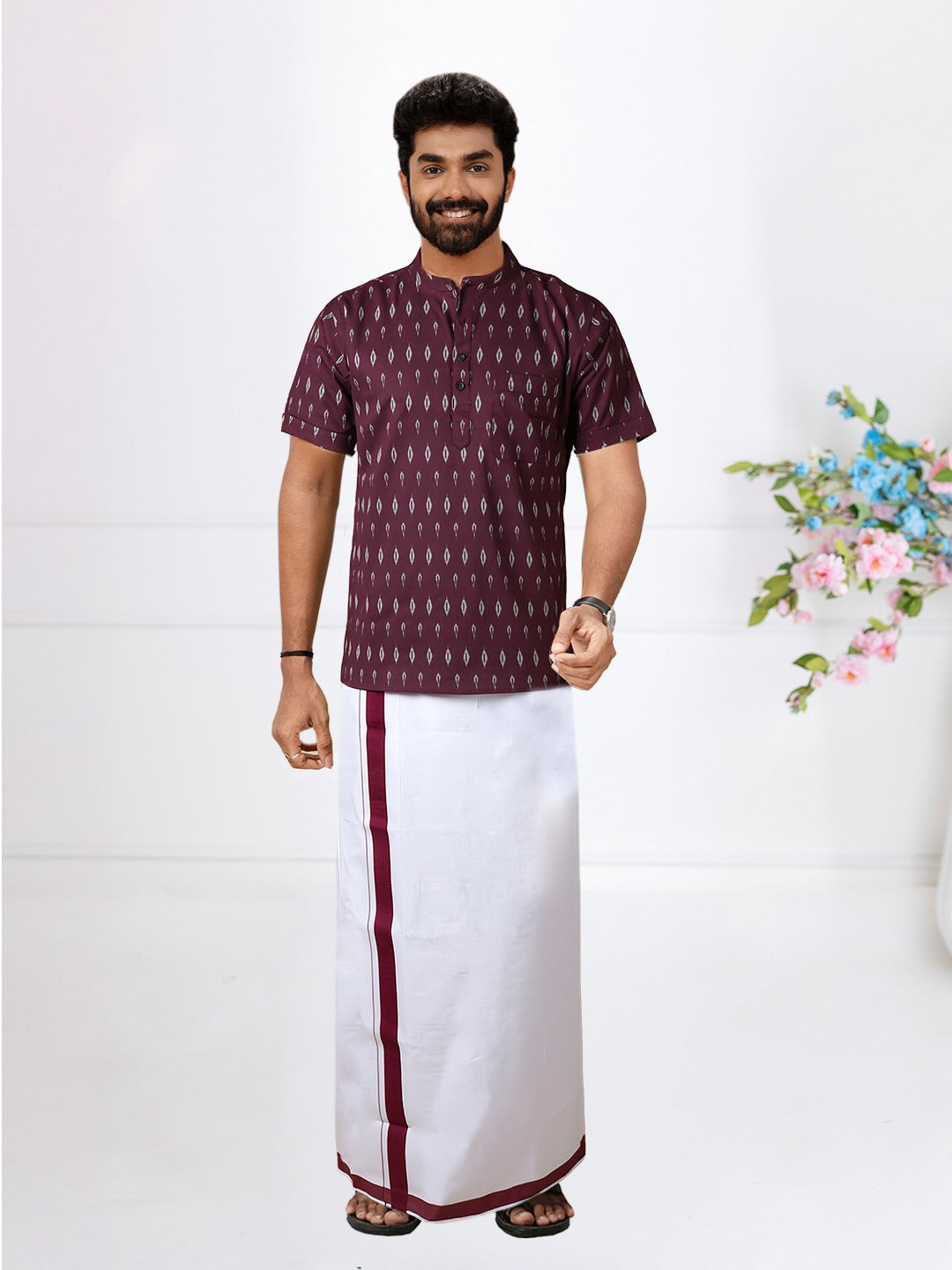 Men Dark Purple Short Length Kurta with Matching Border Dhoti Set RJ06