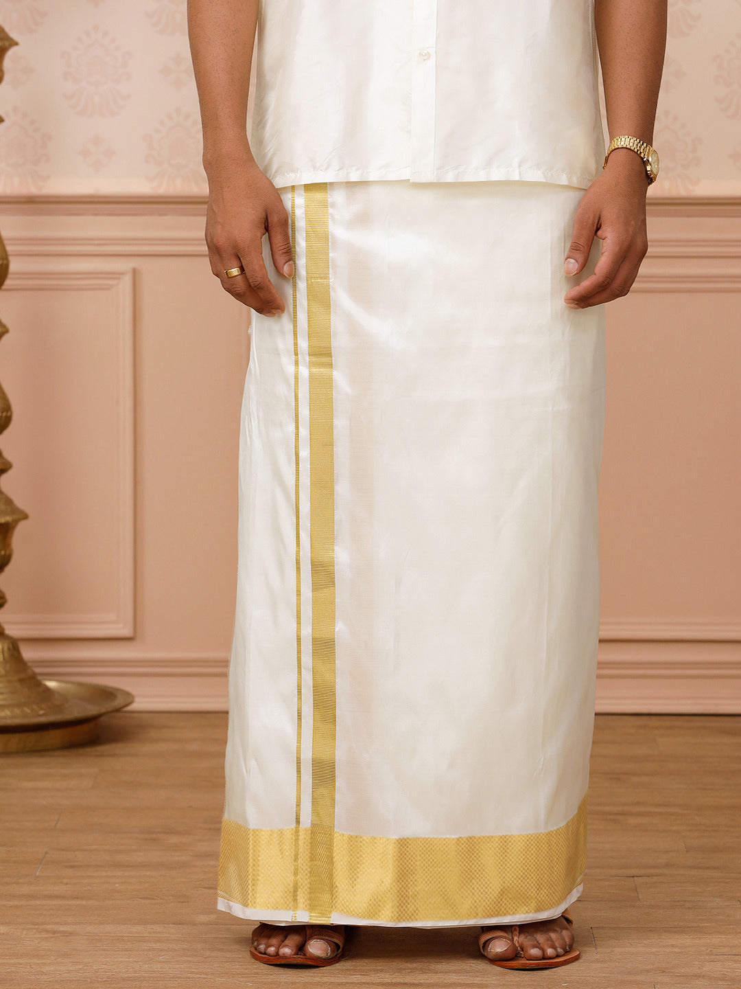 Men Pure Silk Cream Double Layer Dhoti with 3" inch Gold Jari Border Upasana