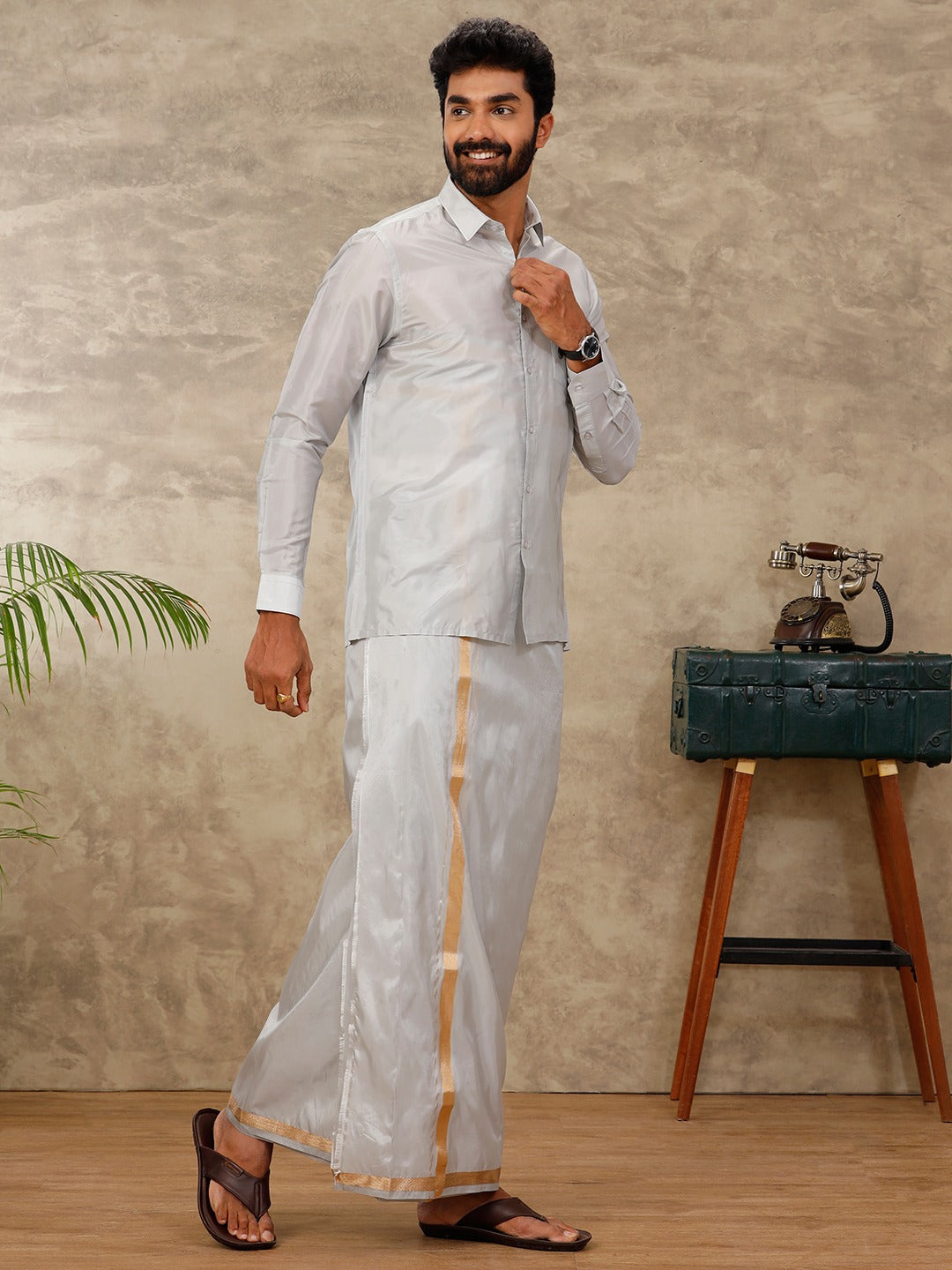 Men Art Silk Silver Grey Shirt & Dhoti Towel Set Swayamvara