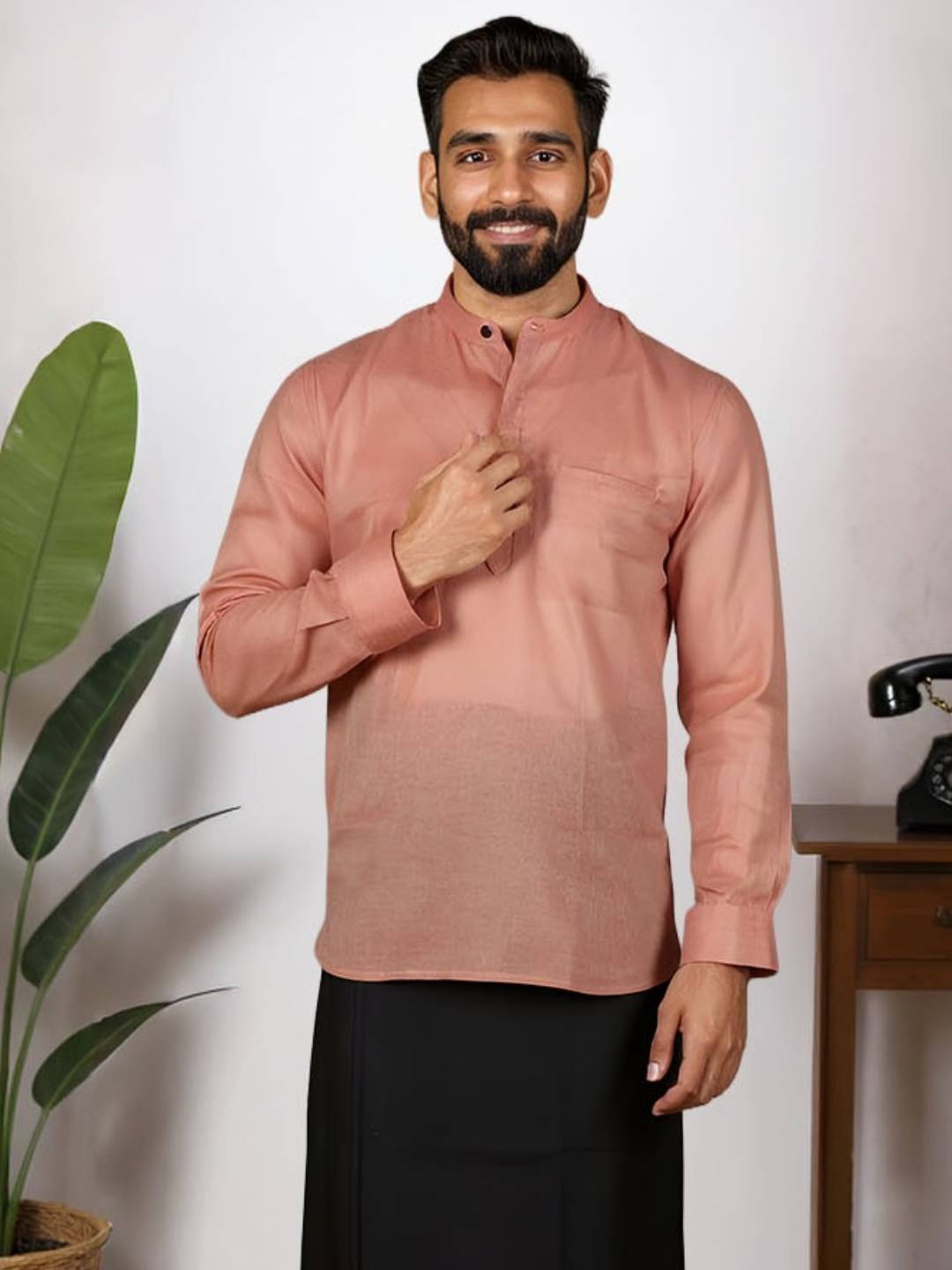 Coolie Rajini Style Men Peach Short Length Pocket Kurta with Black Dhoti Set RJ43