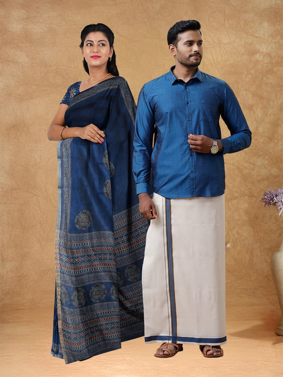 Couple Combo Shirt & Dhoti Set with Saree Dark Blue SC56